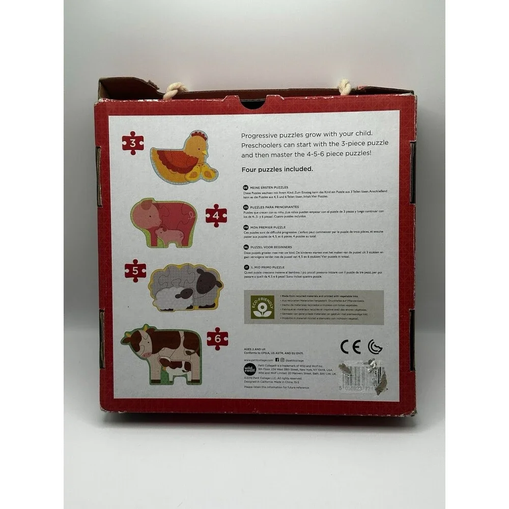 Petit Collage Beginner Puzzle Farm Babies 4 Wood Puzzles in One Complete Set